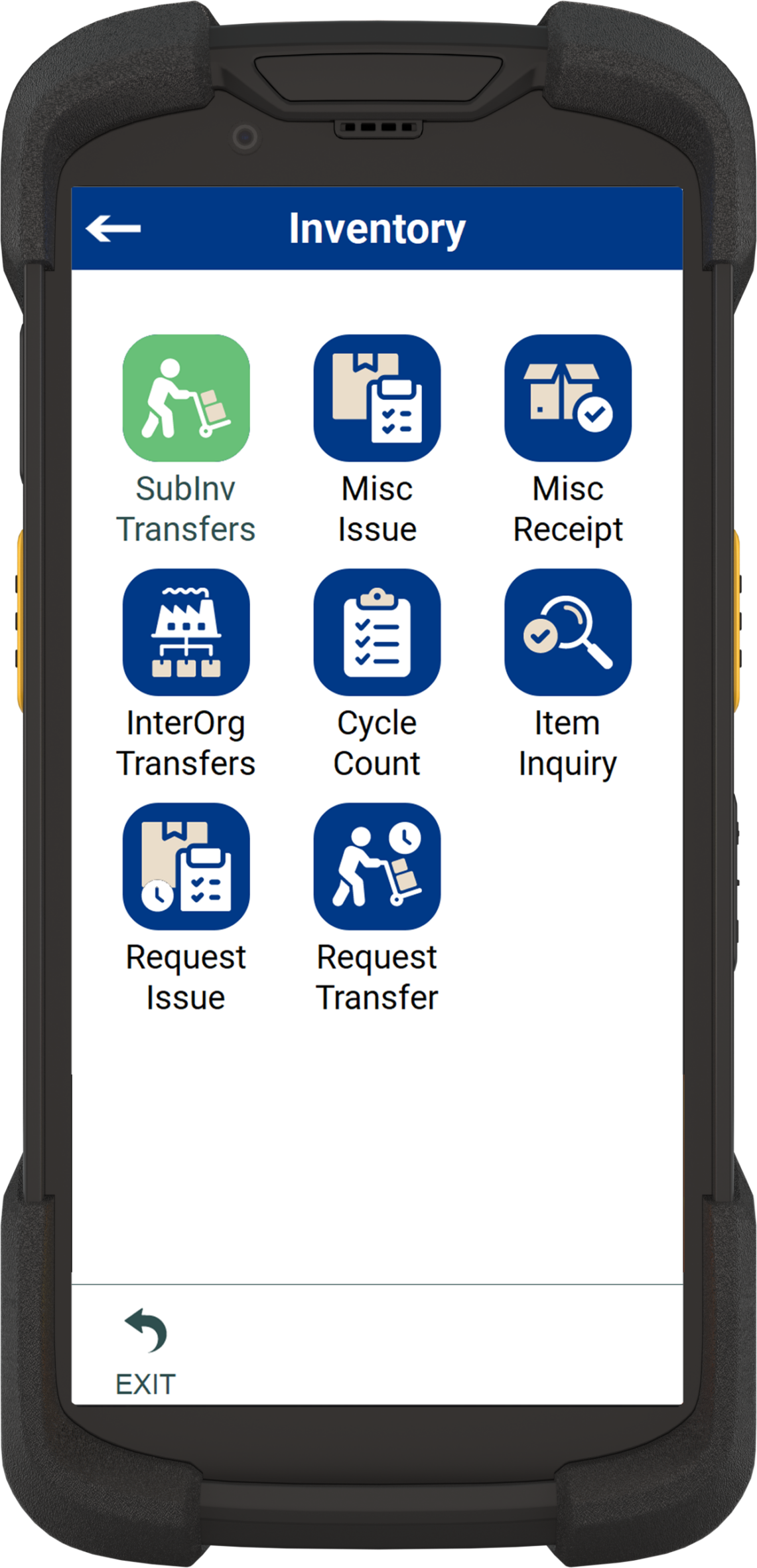 image of RFgen mobile device with mobile inventory management software, displaying a menu of mobile apps for supply chain transactions